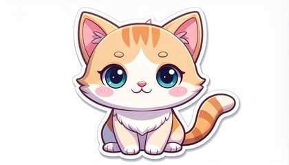 A cute cartoon orange and white kitten with big blue eyes, sitting and smiling, in a sticker style illustration on a white background.