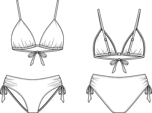 Minimalist technical fashion sketch of bikini set with triangle top, high-cut bottom, side ties, front knot, and ring detail.