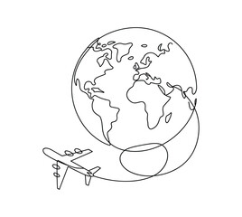Single line of airplane flying around the with a curved path globe travel flight journey.