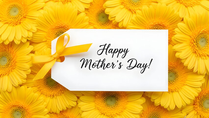 A white gift tag with yellow ribbon rests on a bed of vibrant yellow flowers wishing Happy Mother's Day