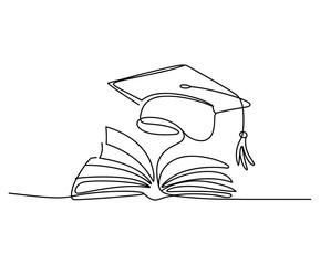 Single line of an open book with a graduation cap above it academic.