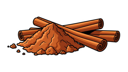 Finely ground brown cocoa powder paired with aromatic cinnamon stick arranged on a clean white background, presenting a rich spice ingredient concept for baking, beverage, and culinary flavor design