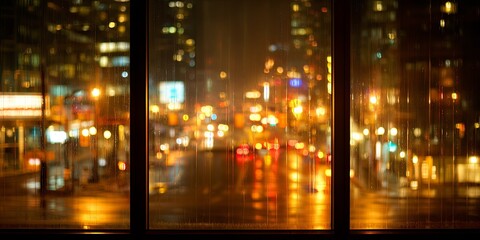 Obraz premium Glowing night view of city streets seen through a window, reflections, depth and warmth.