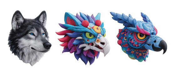 Three intricately designed animal sculptures featuring a wolf, a mythical creature, and a colorful bird against a plain background