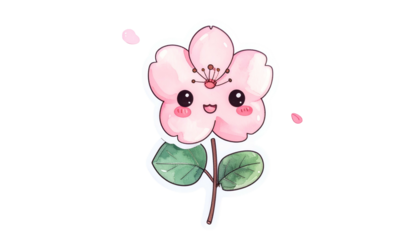 Cute kawaii cherry blossom smiling with leaves, stem, and falling petals