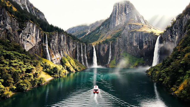 Boat gliding smoothly through crystal clear water near majestic waterfall in Milford Sound, conceptually representing journey of calmness and serenity, evoking feelings of peaceful adventure and.
