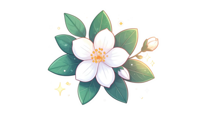 An illustrated white flower with green leaves and a bud, set against a black background