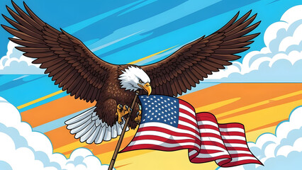 Happy Fourth of July bald American eagle soaring with national flag as a powerful freedom symbol celebrating independence pride and patriotic spirit,