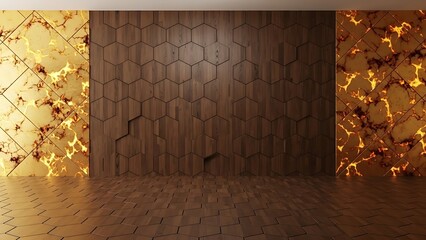 Empty square room with Hexagonal dark wood tiles with golden infernal fiery diagonal marbled texture tiles side by side