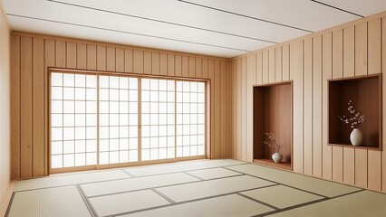 Empty square room with Modern japanese style interior concept and wood panels wall
