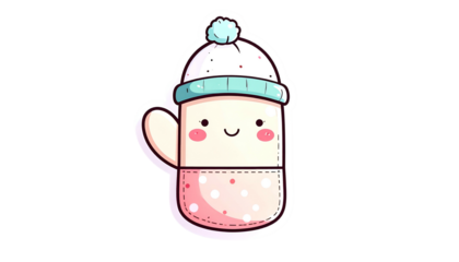 Kawaii winter mitten, wearing a hat, smiling, with pink polka dots and black background