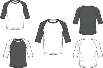 Naklejka premium Raglan sleeve shirt vector set with front and back views, three-quarter sleeves, color variations, fashion mockup illustration design