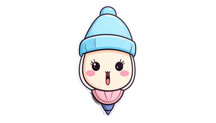 A cute cartoon figure with rosy cheeks, a surprised expression, and winter attire