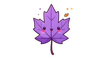 Adorable purple cartoon maple leaf with rosy cheeks and a happy face. Decorative sparkles