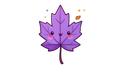 Adorable purple cartoon maple leaf with rosy cheeks and a happy face. Decorative sparkles