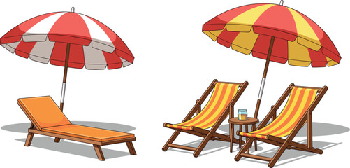 Vector illustration of beach lounge chairs and umbrellas isolated on white for summer vacation and travel resort themes. © PUTUL
