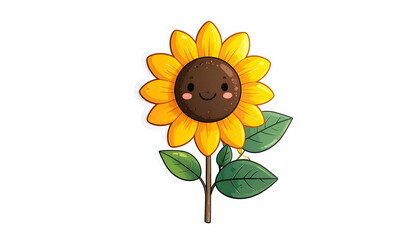 Cartoon sunflower with a smiling face, vibrant petals, green leaves, and black background