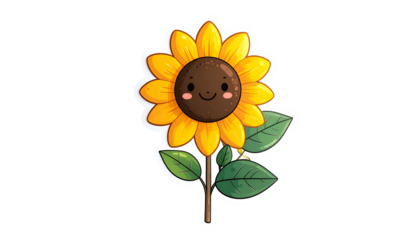 Cartoon sunflower with a smiling face, vibrant petals, green leaves, and black background