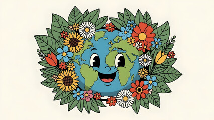 Happy cartoon planet Earth Day character surrounded by vibrant green leaf and colorful flower elements conveying eco friendly nature care sustainability and cheerful environmental celebration theme,