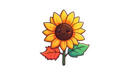 Cheerful cartoon sunflower with a smiling face, leaves, and a gradient background