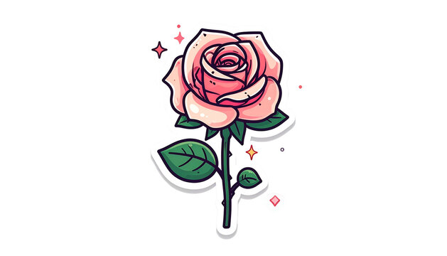 Cartoon style pink rose with detailed petals, stem, and leaves, set against a black backdrop