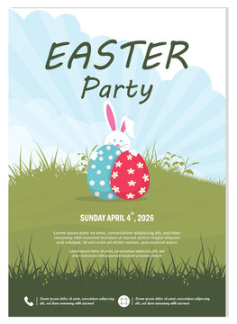 Easter party flyer template with bunny, decorated eggs, and spring grass