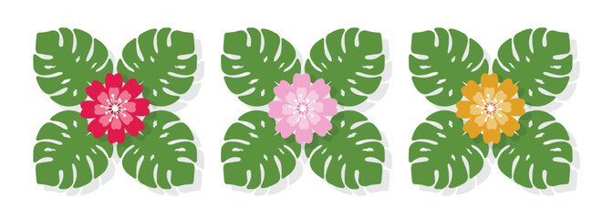 Fototapeta premium Tropical flower and monstera leaf illustration set with colorful floral designs