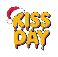 Yellow dripping letters Kiss Day with Santa hat and red blue black outlines kiss christmas.