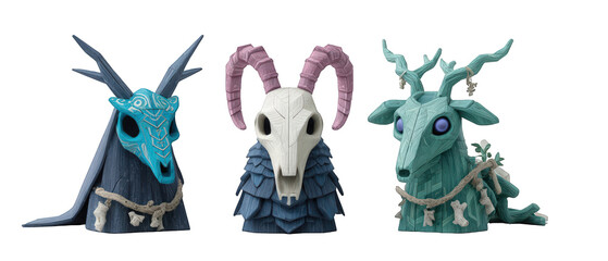 Three intricately designed animal skull sculptures, set against a neutral background, showcasing craftsmanship