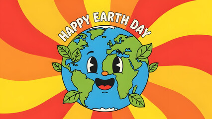 Happy Earth Day smiling planet character with green leaf covered globe symbolizing eco friendly nature care sustainability and environmental awareness celebration design,