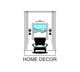 Home interior icon for design studio or furniture store and showroom, vector emblem. Home interior decor icon with chair, picture on wall and lamps with line curtains for room interior and home design