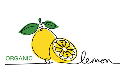 Yellow lemon with green leaves and text organic lemon in black line style leaf fruit.