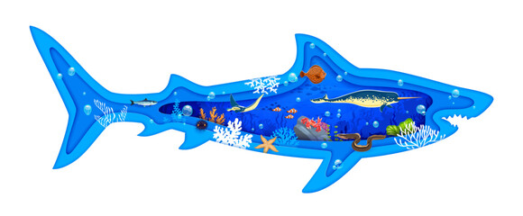 Paper cut shark silhouette with underwater landscape, sea animals and fishes, vector banner. Ocean undersea or sea underwater world with coral reef manta stingray and seaweeds in paper cut shark © Vector Tradition