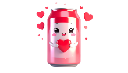 Adorable soda can character with a heart, surrounded by floating hearts, on black