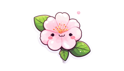 Adorable kawaii-style cartoon cherry blossom with leaves and a smiling face, isolated