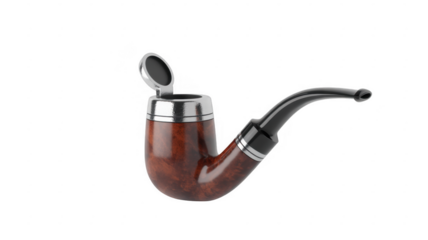 Brown wooden smoking pipe with silver accents and black stem isolated on a transparent background