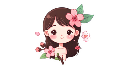 A cute, anime-style girl with brown hair and cherry blossom hair adornments