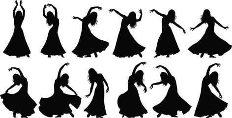 Flamenco dancer silhouette set, graceful female dance poses, flowing dress movement, traditional art, rhythm, passion, isolated white background illustration, vector