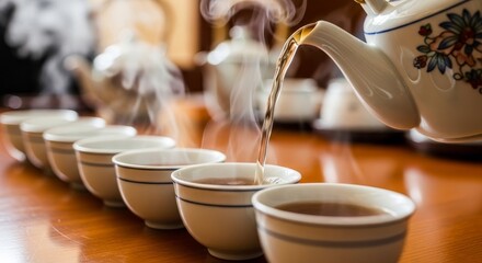 Traditional Chinese tea ceremony with ceramic teapot pouring hot steaming tea into row of white porcelain cups with blue trim on wooden table