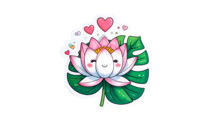Adorable kawaii lotus blossom with heart accents and tropical foliage on a sticker