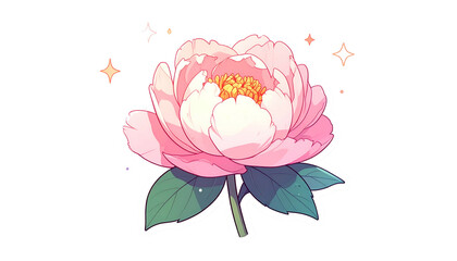 A blossoming peony in shades of pink, detailed petals, green leaves, and sparkling accents