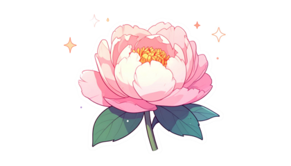 A blossoming peony in shades of pink, detailed petals, green leaves, and sparkling accents