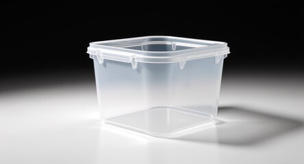 Clear plastic square container with hinged lid, cast in dramatic light on a white surface