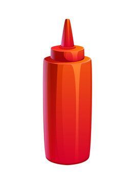 Cartoon red plastic squeeze ketchup sauce bottle with a pointed nozzle cap, isolated on white background. Vector spicy chili ketchup for bbq, fast food and American cuisine menu