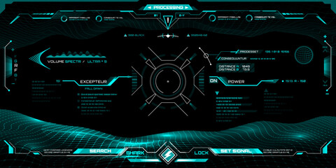 Hud aim target screen. Futuristic military interface vector display with aim markers, radar circle, distance indicators, data panel, numeric codes, navigation and landscape grid © Vector Tradition