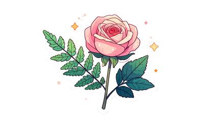 Digitally created illustration of a pink rose with green leaves and sparkles on black