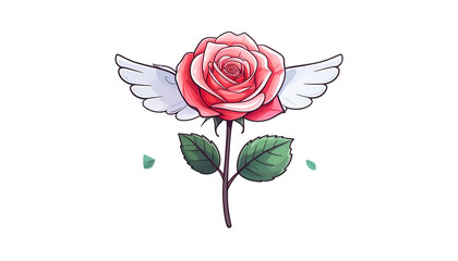 A pink rose with wings, stem and leaves against a black background