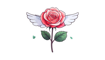 A pink rose with wings, stem and leaves against a black background