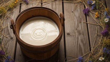Traditional wooden milk bucket with fresh cream on rustic weathered wooden planks surrounded by wildflower meadow grass and colorful blooms