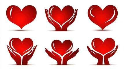 Set of red hearts icon, hands holding heart, solid white background  